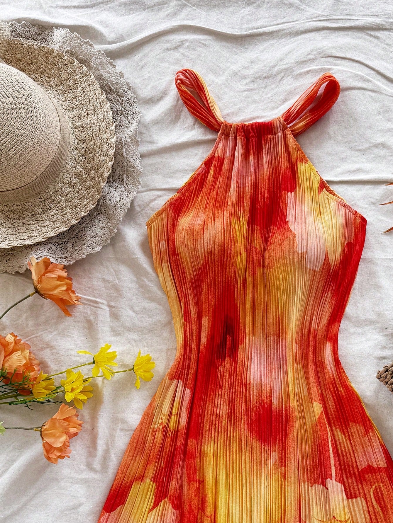 Soleia Women's Red Floral Colorful Tie Dye Print Pleated A-Line Loose Mini Dress,Boho Vacation,Wedding Guest Easter Birthday Rave Sun Dress No Chest Padding