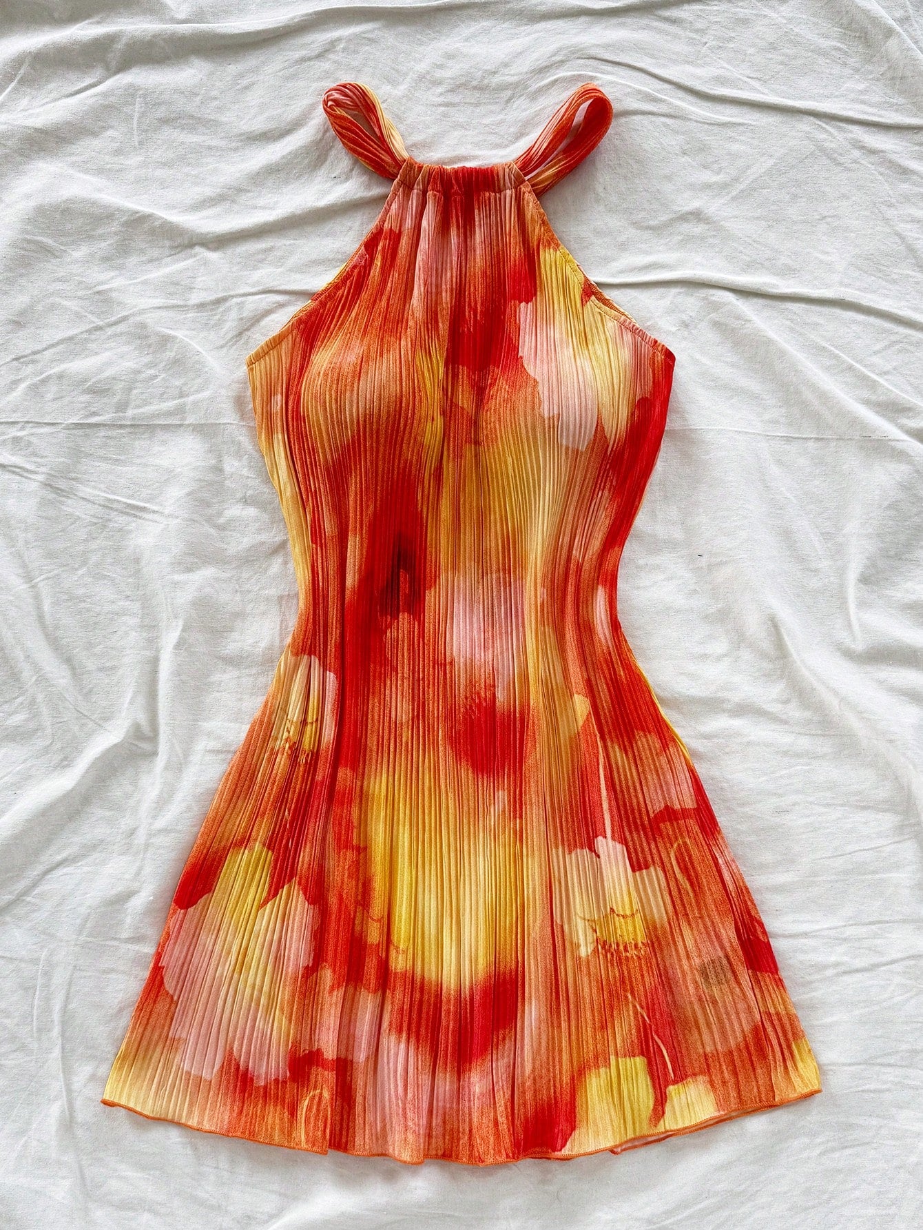 Soleia Women's Red Floral Colorful Tie Dye Print Pleated A-Line Loose Mini Dress,Boho Vacation,Wedding Guest Easter Birthday Rave Sun Dress No Chest Padding