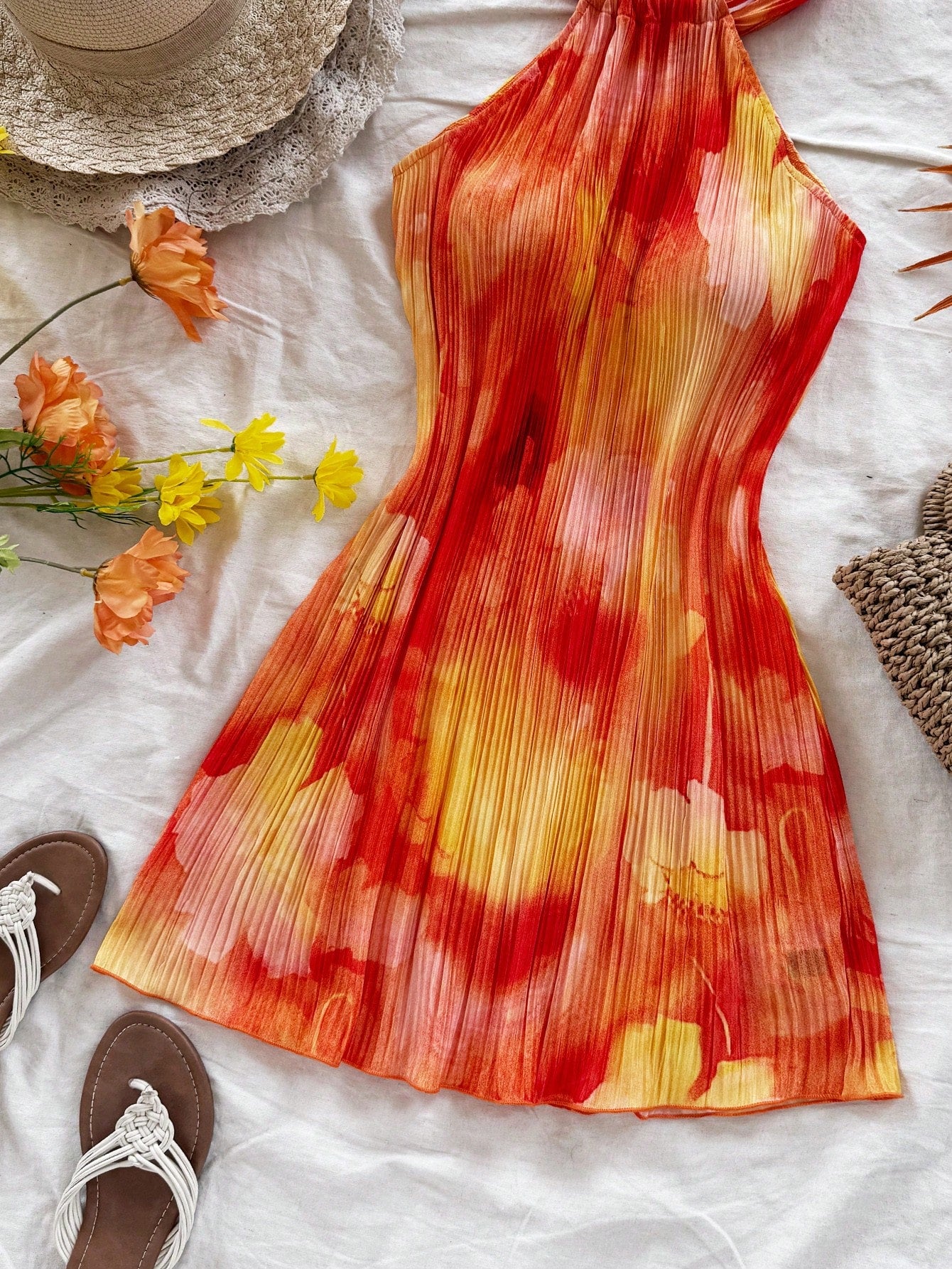 Soleia Women's Red Floral Colorful Tie Dye Print Pleated A-Line Loose Mini Dress,Boho Vacation,Wedding Guest Easter Birthday Rave Sun Dress No Chest Padding
