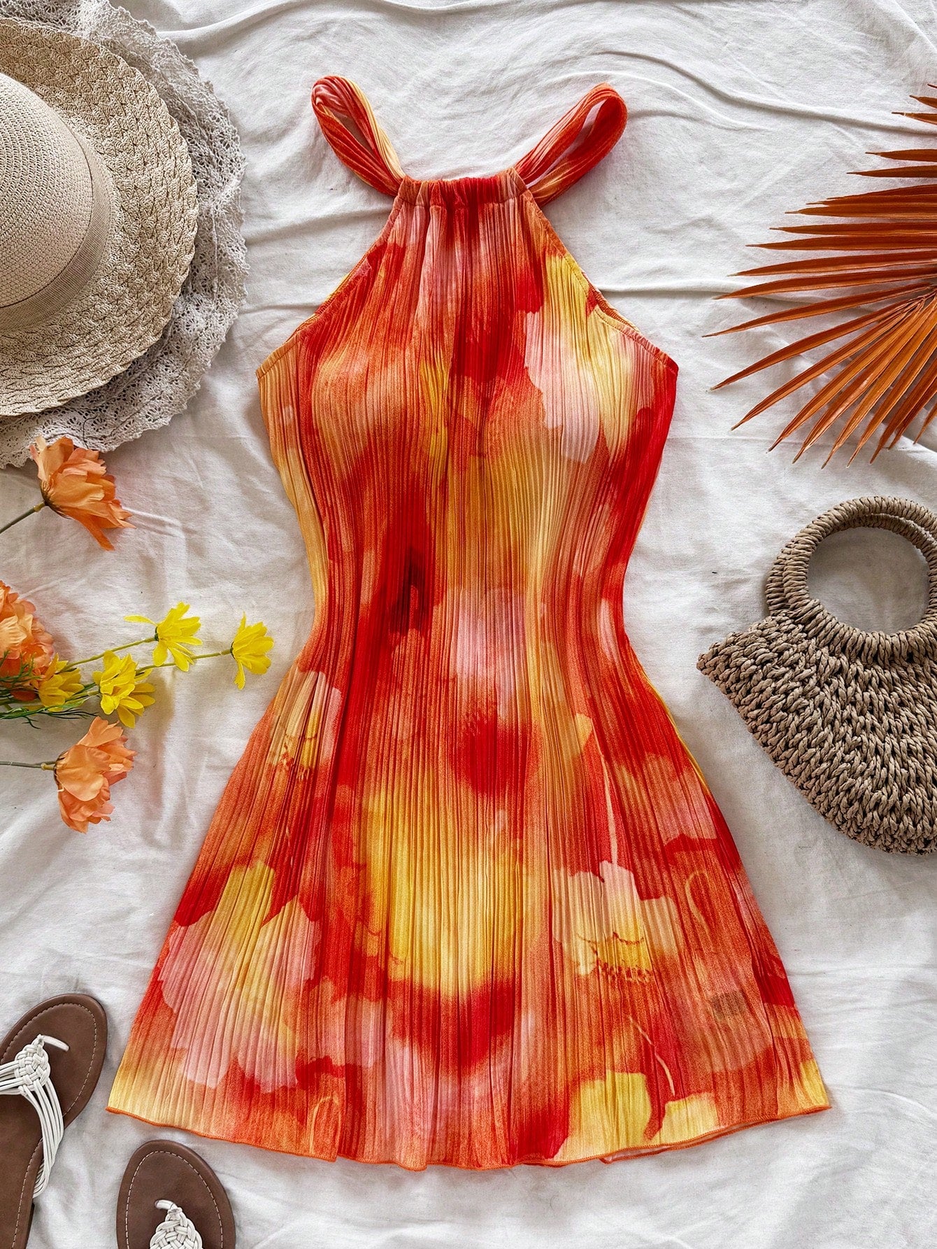 Soleia Women's Red Floral Colorful Tie Dye Print Pleated A-Line Loose Mini Dress,Boho Vacation,Wedding Guest Easter Birthday Rave Sun Dress No Chest Padding