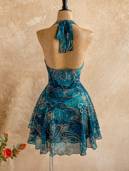 Soleia Women's Vacation Casual Paisley Print Lace Patchwork Backless Mini Dress