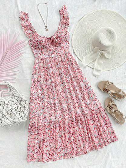 Soleia Women's Vacation Mini Cap Sleeve V-Neck A-Line Mid-Length Chiffon Dress, Ruffle Hem Summer Suitable For Wedding, No Chest Padding