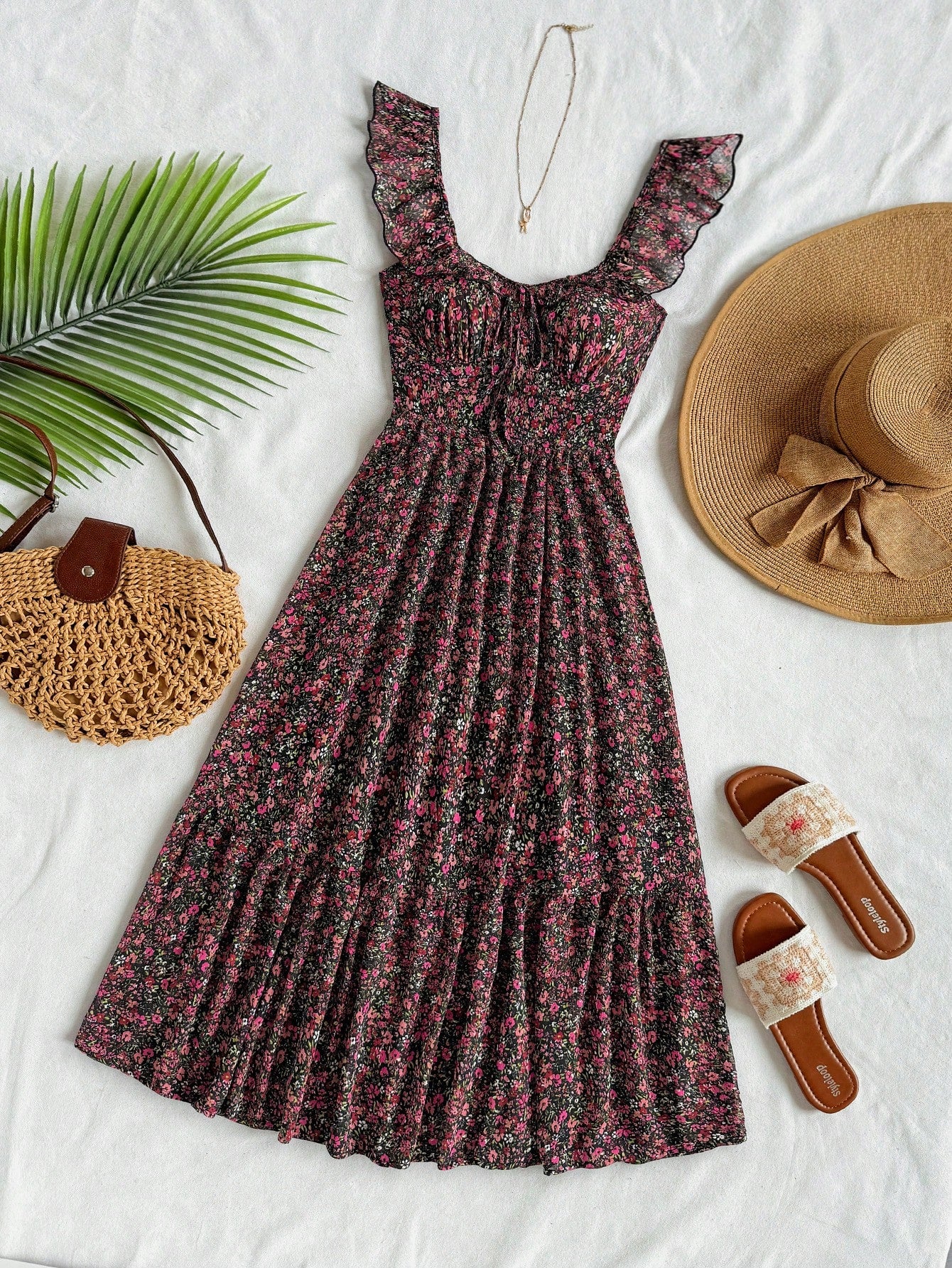 Soleia Women's Vacation Style V-Neck Shirred Waist A-Line Midi Dress, Chiffon Ruffles Cap Sleeve Summer Wedding Season Wear, No Chest Padding