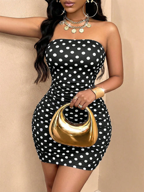 SOLERSUN Marble Print Tube Bodycon Party Club Night Dress (Random Floral) Black And White Polka Dot Summer Rave