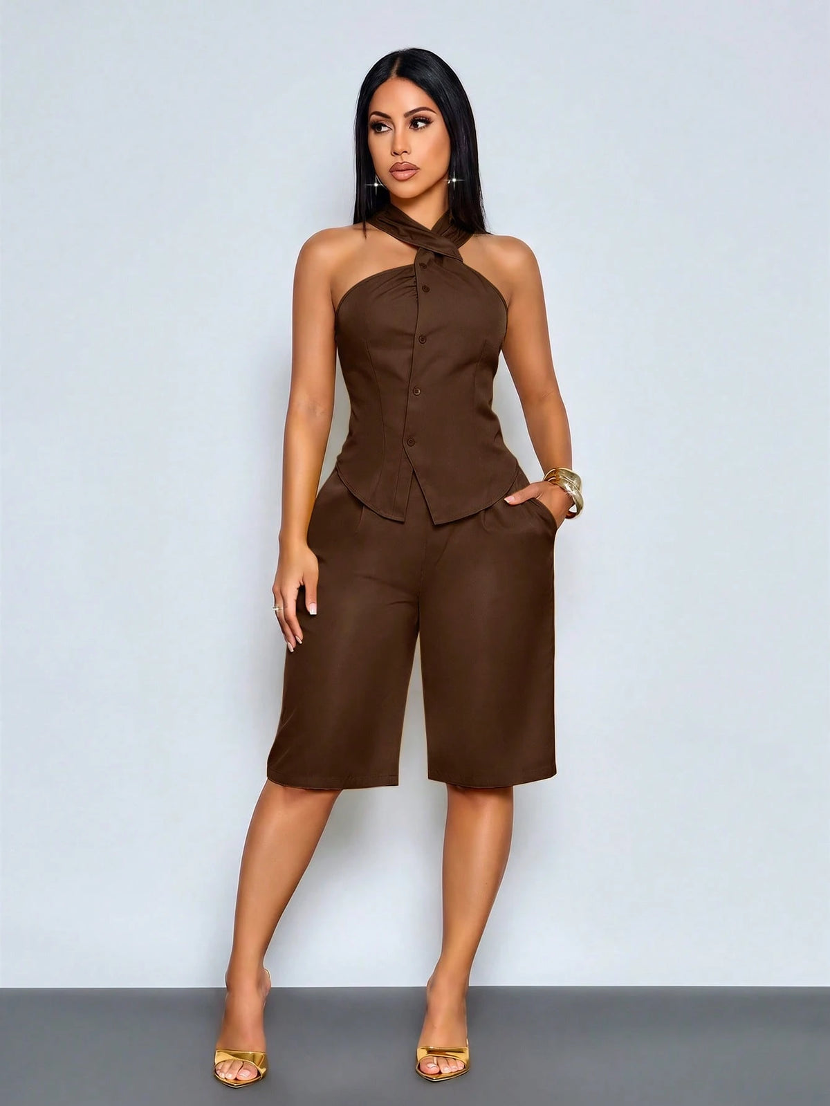 SOLERSUN Sexy, Elegant, Casual, And Suitable For Commuting, This Irregular-Style Ginger-Yellow, High-End Spring/Summer Shirt/Top In A Vintage Feel Is Perfect For Spring And Summer.