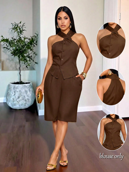 SOLERSUN Sexy, Elegant, Casual, And Suitable For Commuting, This Irregular-Style Ginger-Yellow, High-End Spring/Summer Shirt/Top In A Vintage Feel Is Perfect For Spring And Summer.