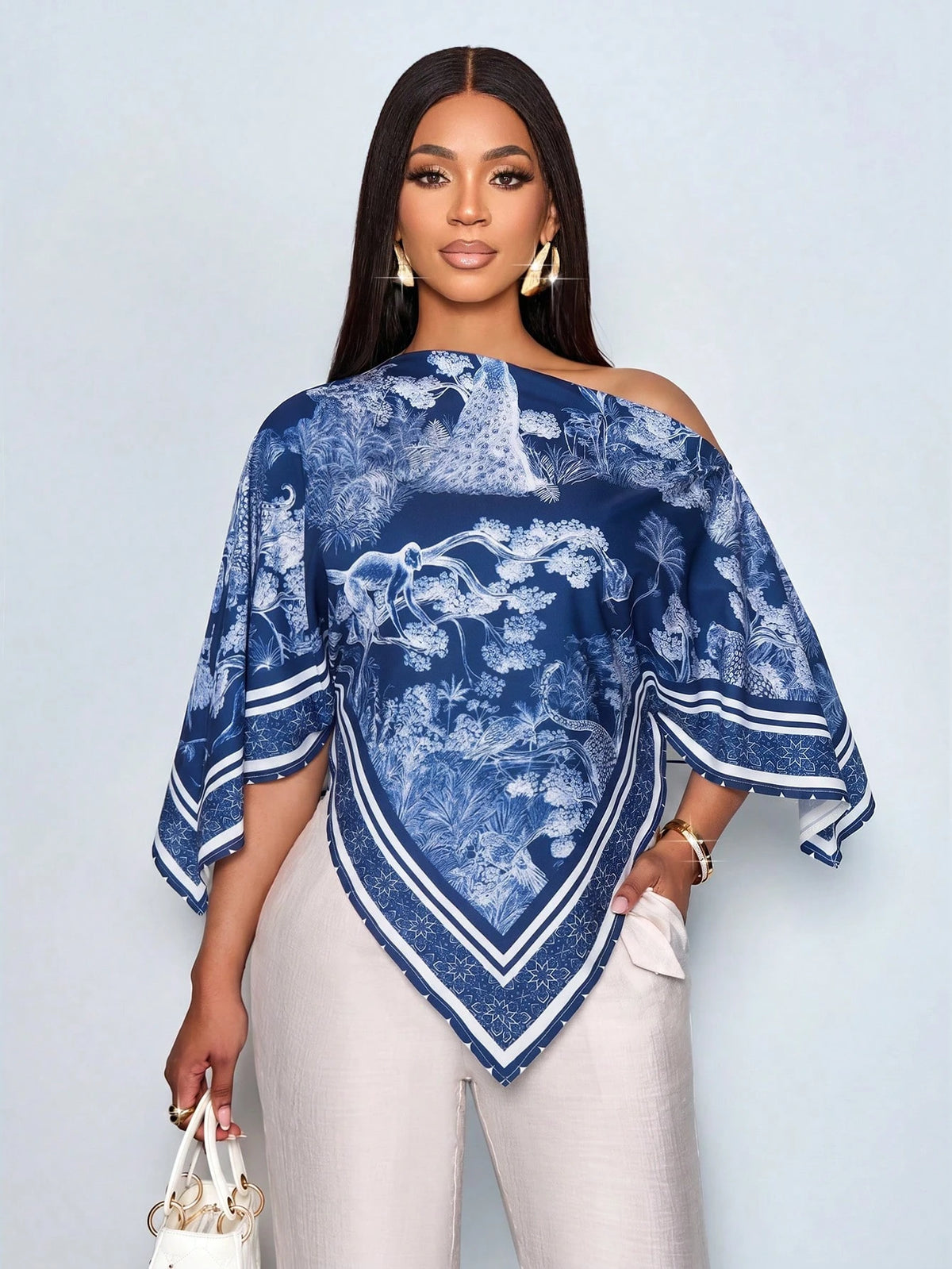 SOLERSUN Women's Blue And White Elegant Alt Tea Party Brunch Summer Blouse,Vintage Patterned Asymmetric Neck Oblique Shoulder Batwing Sleeve Loose Holiday Top