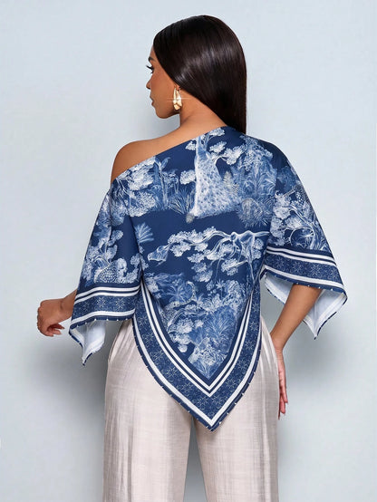 SOLERSUN Women's Blue And White Elegant Alt Tea Party Brunch Summer Blouse,Vintage Patterned Asymmetric Neck Oblique Shoulder Batwing Sleeve Loose Holiday Top
