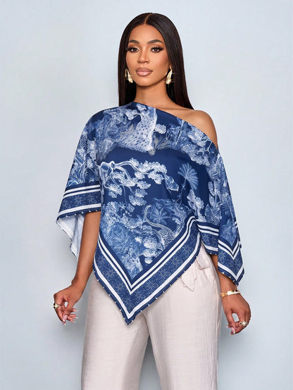 SOLERSUN Women's Blue And White Elegant Alt Tea Party Brunch Summer Blouse,Vintage Patterned Asymmetric Neck Oblique Shoulder Batwing Sleeve Loose Holiday Top