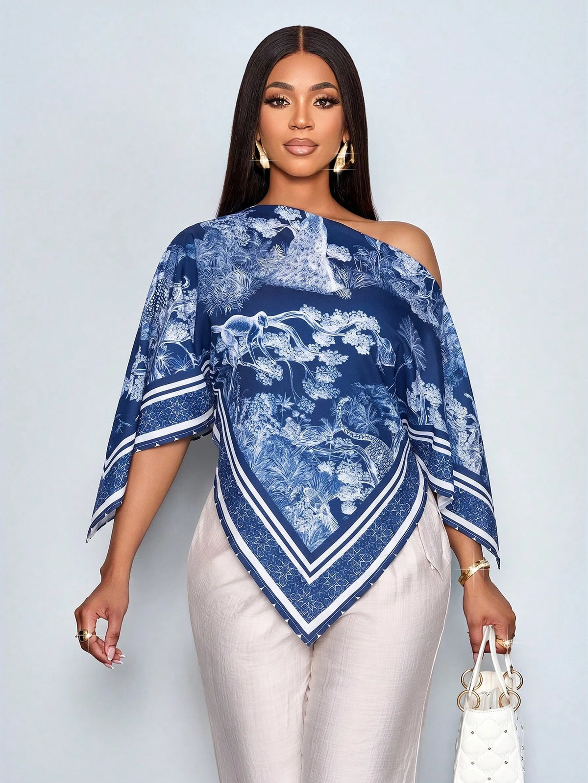 SOLERSUN Women's Blue And White Elegant Alt Tea Party Brunch Summer Blouse,Vintage Patterned Asymmetric Neck Oblique Shoulder Batwing Sleeve Loose Holiday Top
