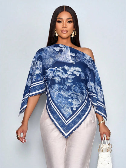SOLERSUN Women's Blue And White Elegant Alt Tea Party Brunch Summer Blouse,Vintage Patterned Asymmetric Neck Oblique Shoulder Batwing Sleeve Loose Holiday Top