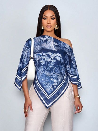 SOLERSUN Women's Blue And White Elegant Alt Tea Party Brunch Summer Blouse,Vintage Patterned Asymmetric Neck Oblique Shoulder Batwing Sleeve Loose Holiday Top
