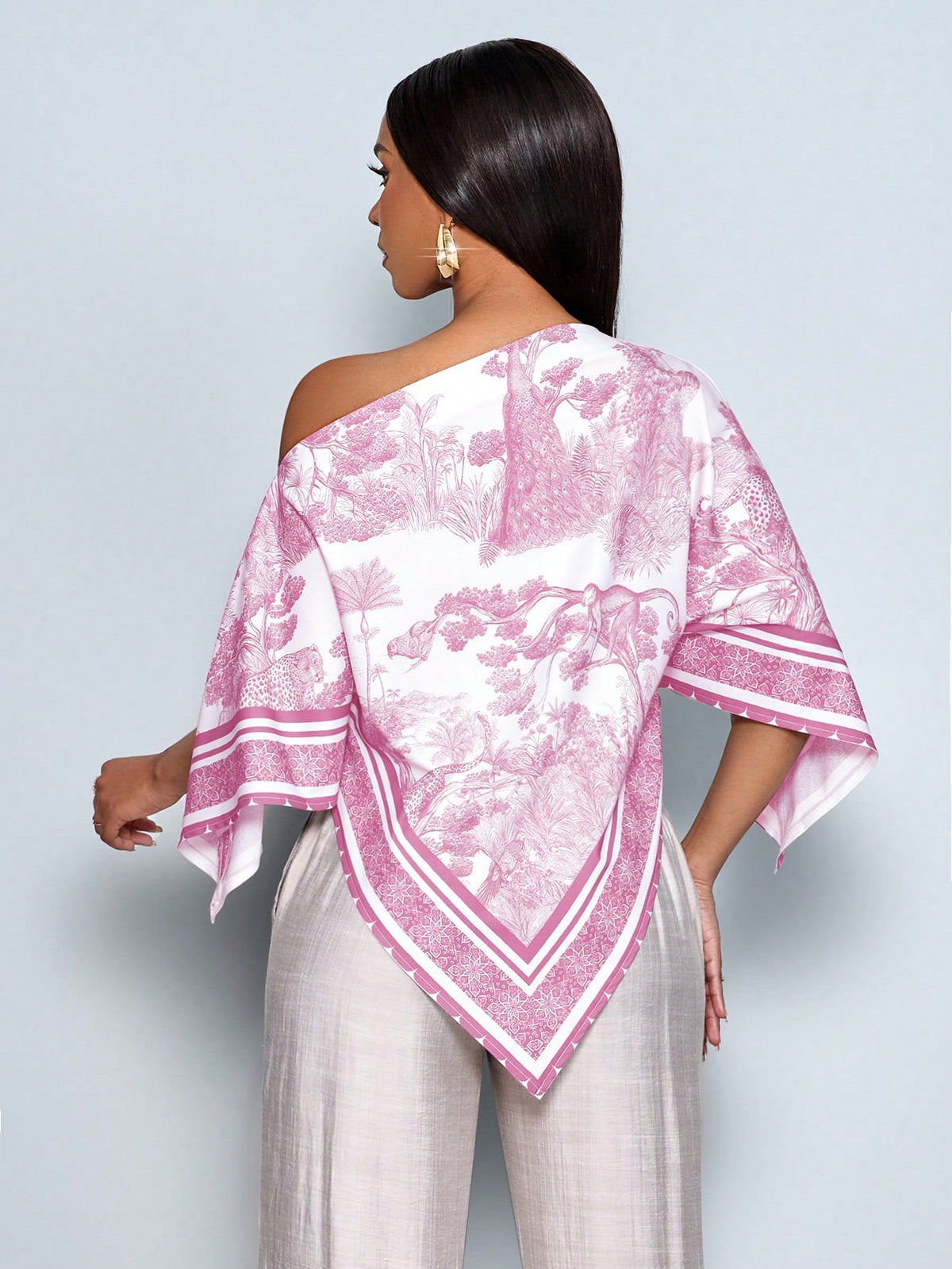SOLERSUN Women's Blue And White Elegant Alt Tea Party Brunch Summer Blouse,Vintage Patterned Asymmetric Neck Oblique Shoulder Batwing Sleeve Loose Holiday Top