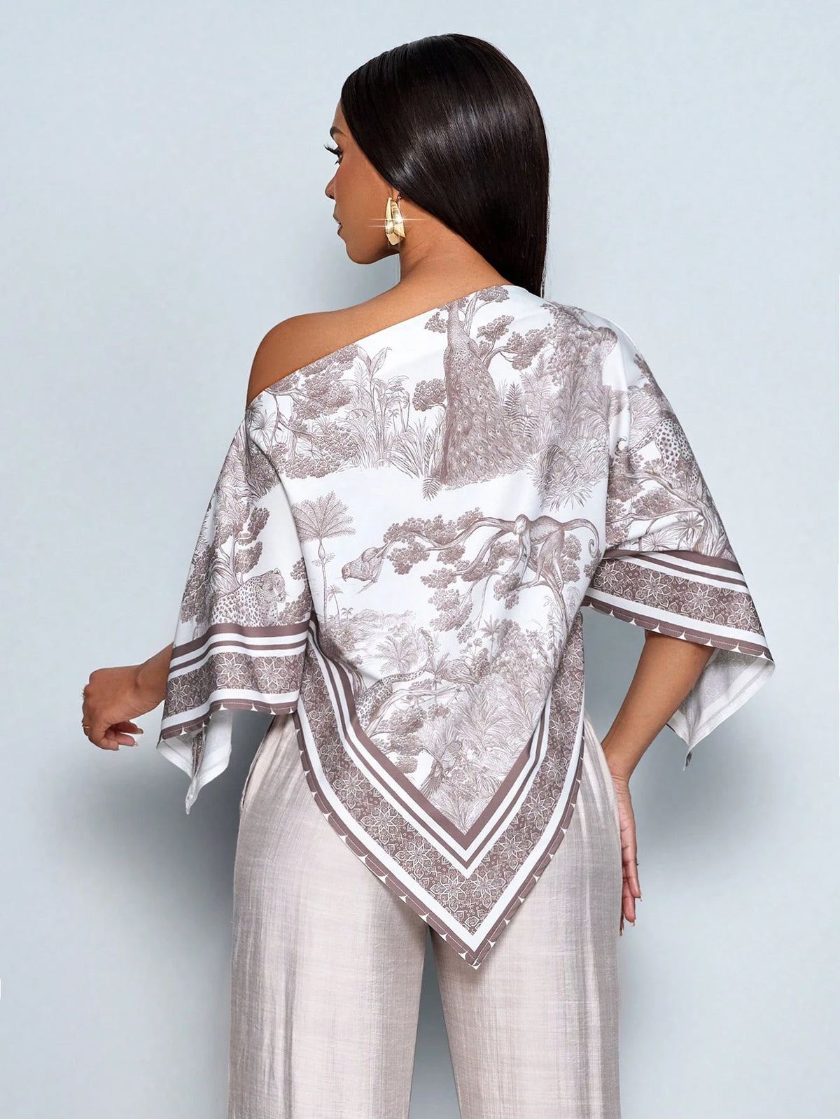 SOLERSUN Women's White Summer Elegant Tea Party Blouse,Apricot Patterned Asymmetric Neck Batwing Sleeve Tops,Fashionable Vintage Sunset Holiday Print Hem