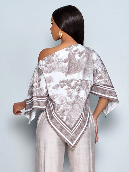 SOLERSUN Women's White Summer Elegant Tea Party Blouse,Apricot Patterned Asymmetric Neck Batwing Sleeve Tops,Fashionable Vintage Sunset Holiday Print Hem