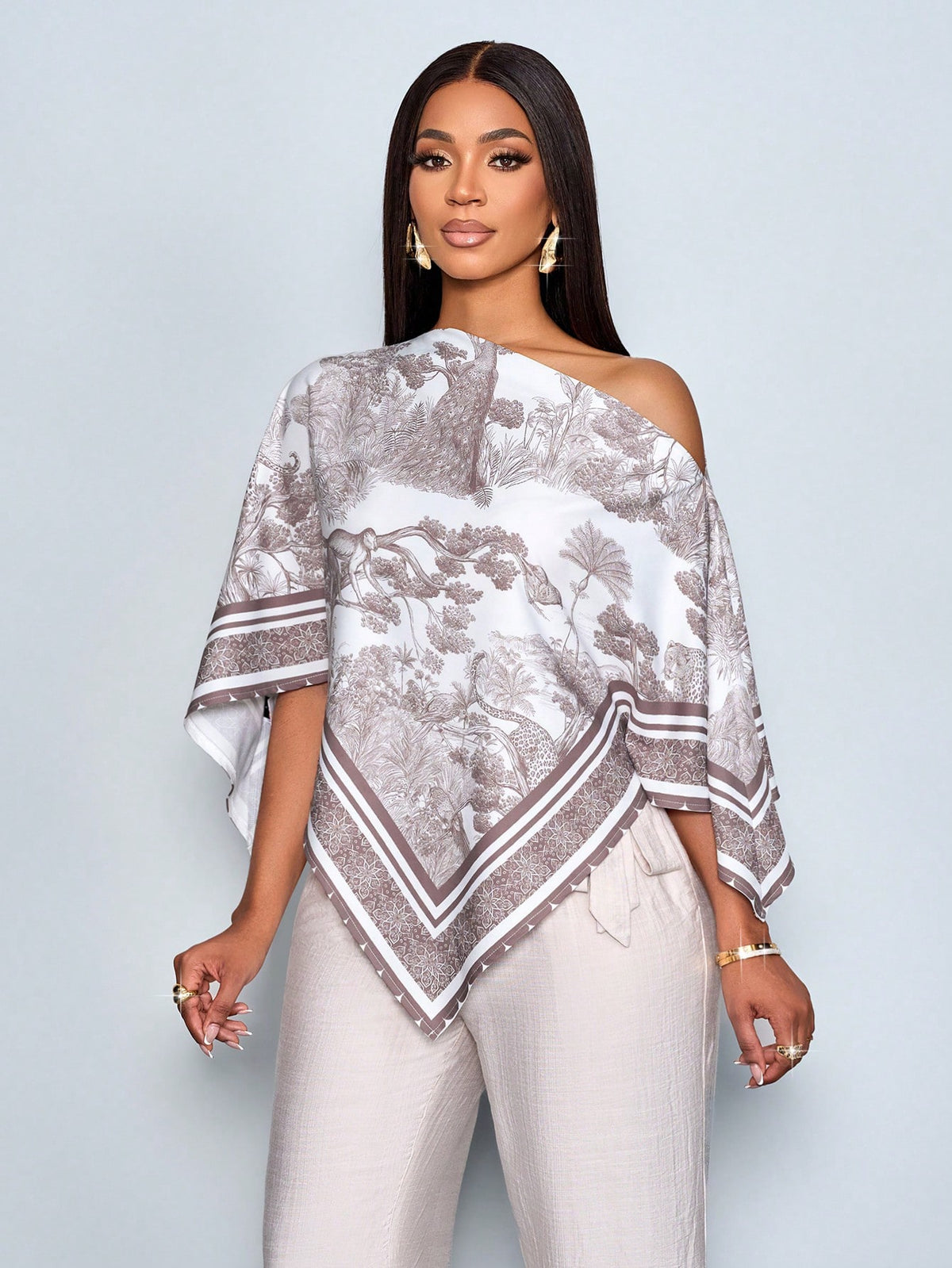 SOLERSUN Women's White Summer Elegant Tea Party Blouse,Apricot Patterned Asymmetric Neck Batwing Sleeve Tops,Fashionable Vintage Sunset Holiday Print Hem