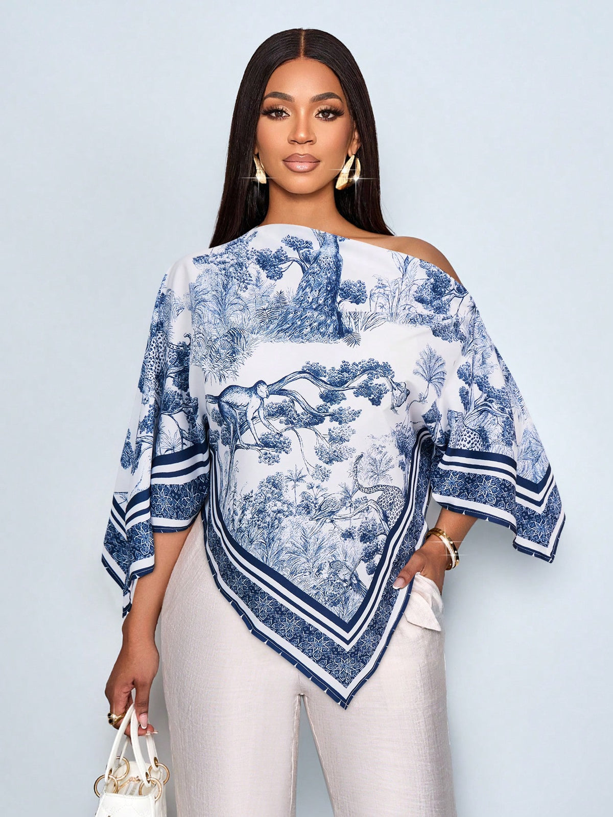 SOLERSUN Women's White Summer Elegant Tea Party Blouse,Apricot Patterned Asymmetric Neck Batwing Sleeve Tops,Fashionable Vintage Sunset Holiday Print Hem