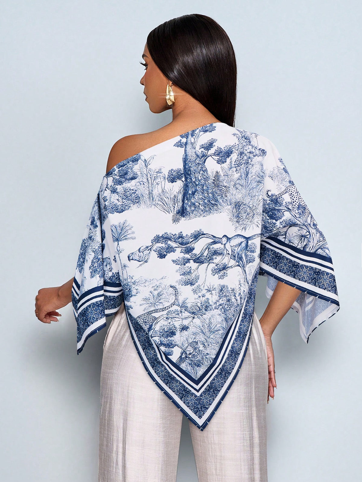 SOLERSUN Women's White Summer Elegant Tea Party Blouse,Apricot Patterned Asymmetric Neck Batwing Sleeve Tops,Fashionable Vintage Sunset Holiday Print Hem
