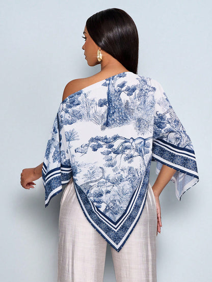 SOLERSUN Women's White Summer Elegant Tea Party Blouse,Apricot Patterned Asymmetric Neck Batwing Sleeve Tops,Fashionable Vintage Sunset Holiday Print Hem