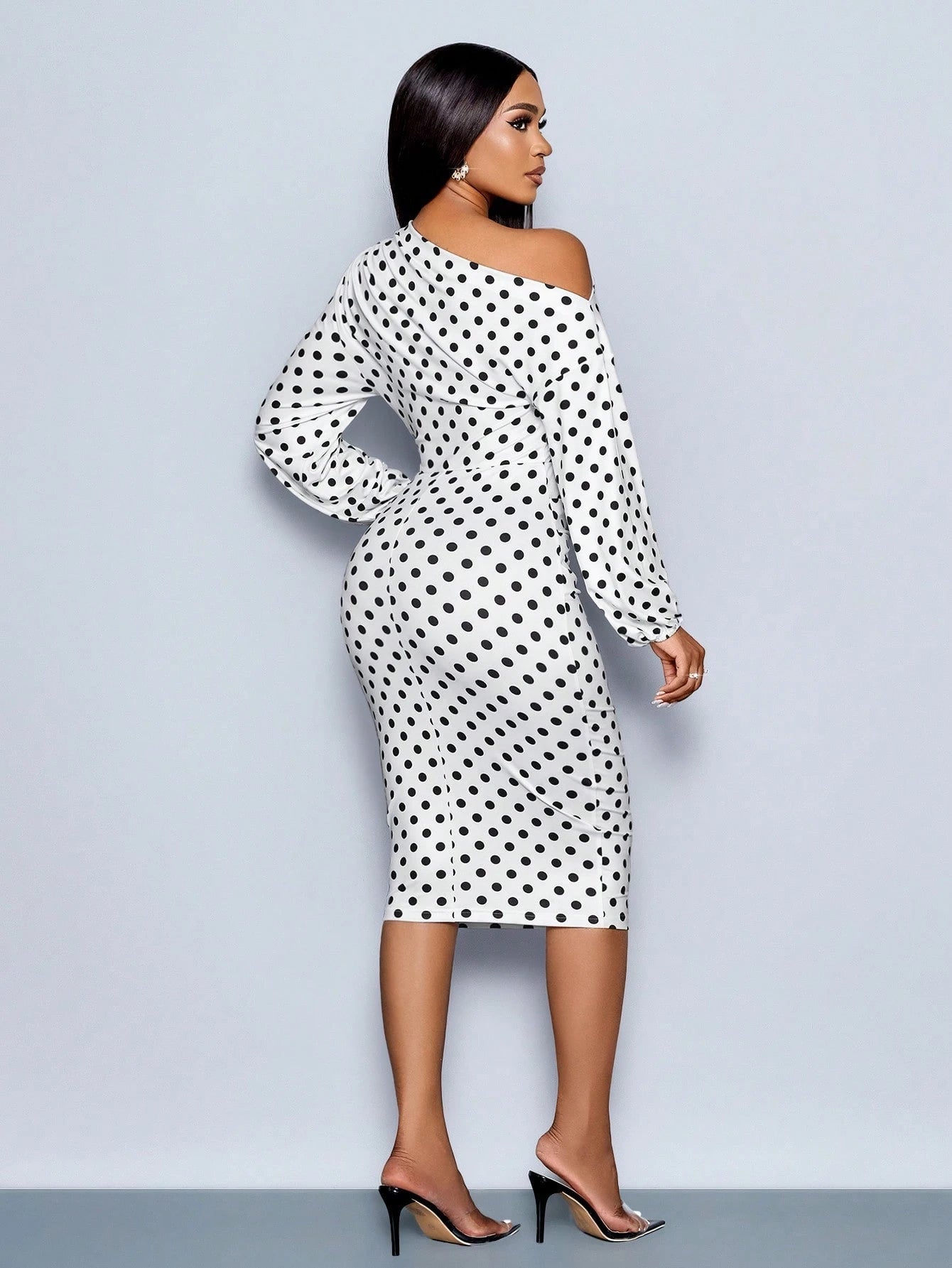 SOLERSUN Women's White With Black Polka Dots Elegant Summer Midi Dress,Off Shoulder Long Sleeve Knitted Hip Cover Old Money Style Tea Party Business Outfit