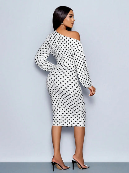 SOLERSUN Women's White With Black Polka Dots Elegant Summer Midi Dress,Off Shoulder Long Sleeve Knitted Hip Cover Old Money Style Tea Party Business Outfit