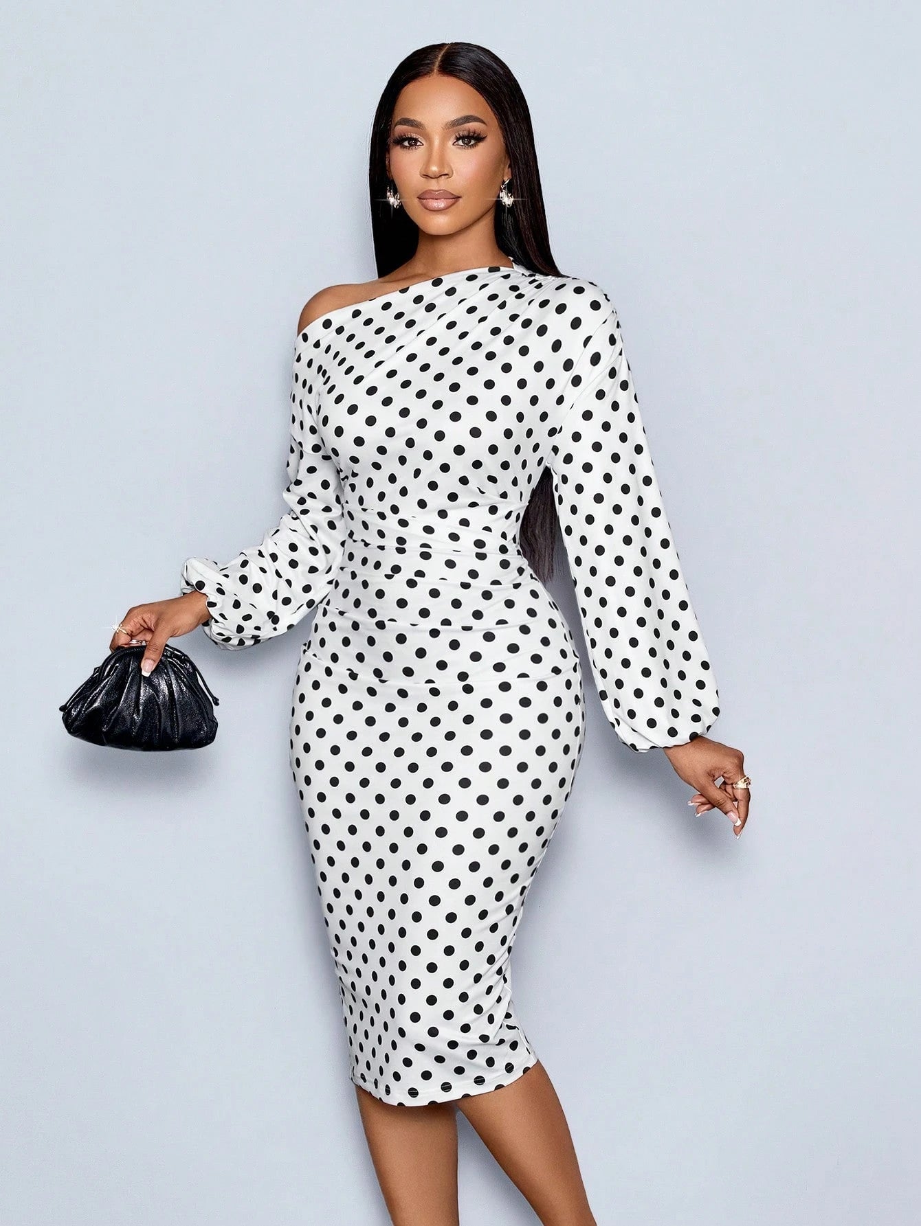 SOLERSUN Women's White With Black Polka Dots Elegant Summer Midi Dress,Off Shoulder Long Sleeve Knitted Hip Cover Old Money Style Tea Party Business Outfit