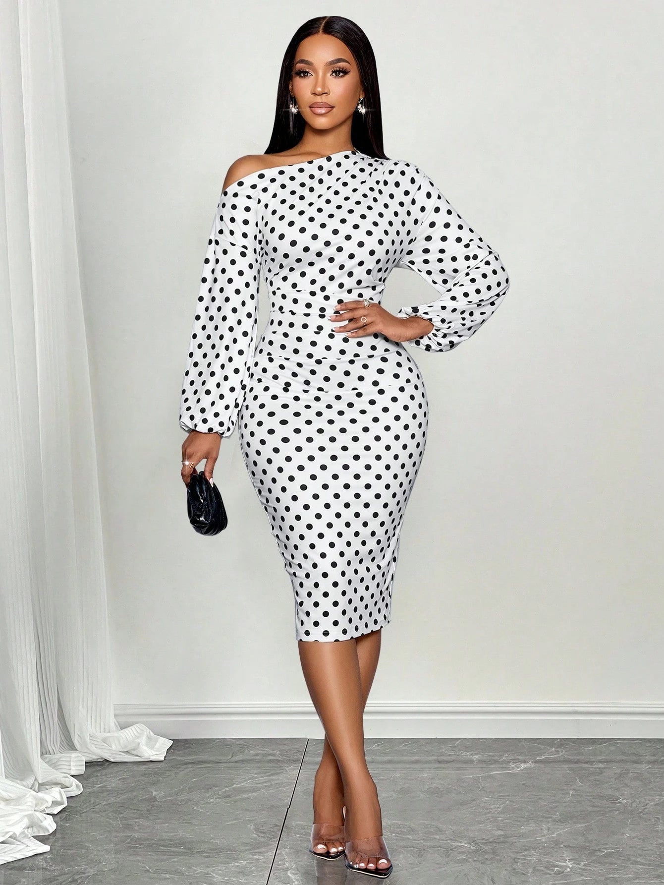 SOLERSUN Women's White With Black Polka Dots Elegant Summer Midi Dress,Off Shoulder Long Sleeve Knitted Hip Cover Old Money Style Tea Party Business Outfit