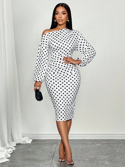 SOLERSUN Women's White With Black Polka Dots Elegant Summer Midi Dress,Off Shoulder Long Sleeve Knitted Hip Cover Old Money Style Tea Party Business Outfit