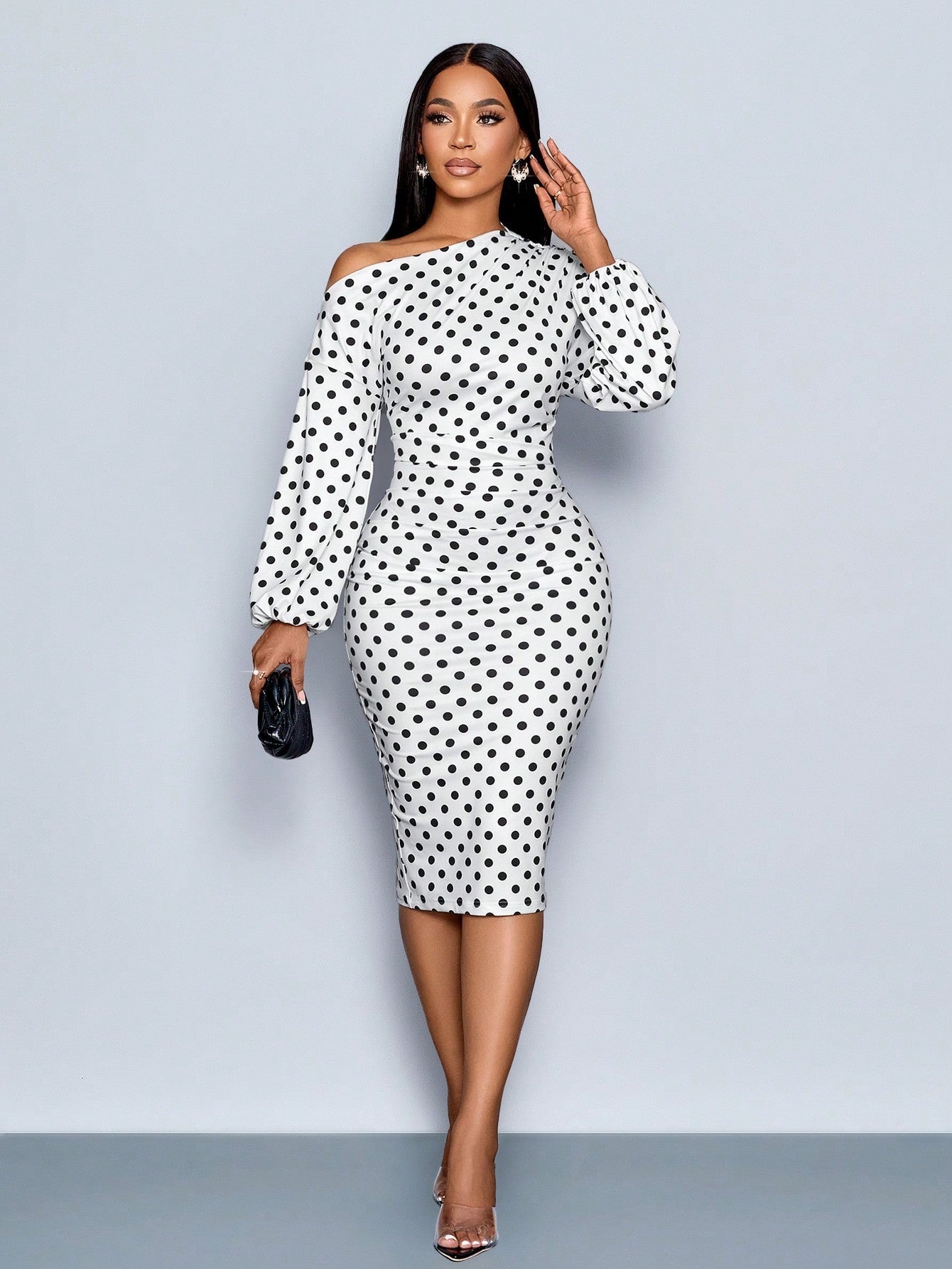 SOLERSUN Women's White With Black Polka Dots Elegant Summer Midi Dress,Off Shoulder Long Sleeve Knitted Hip Cover Old Money Style Tea Party Business Outfit