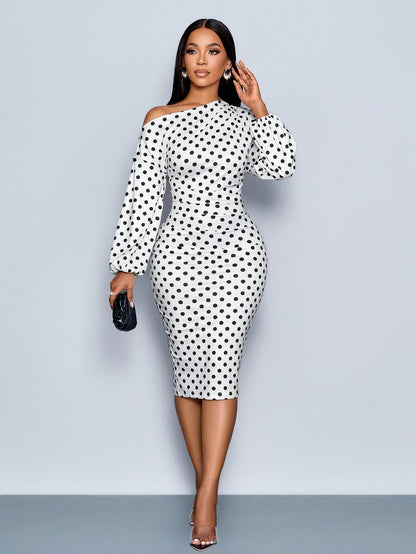 SOLERSUN Women's White With Black Polka Dots Elegant Summer Midi Dress,Off Shoulder Long Sleeve Knitted Hip Cover Old Money Style Tea Party Business Outfit