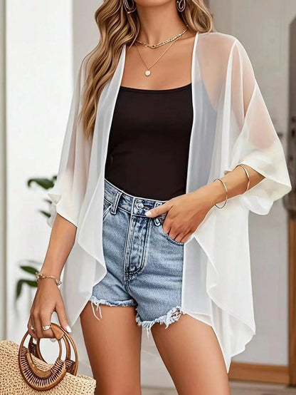 Solid Color Chiffon Long Women's Summer Beach Cover-Up Cover Up, Lightweight Shawl Top Casual White
