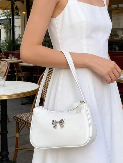 Solid Color Mini Underarm Shoulder Bag, PU Leather Small Bag, Minimalist Casual Versatile Handbag, Fashion Metal Butterfly Large Capacity Zipper Baguette Bag, Coin Purse, Phone Bag For Shopping, Datin