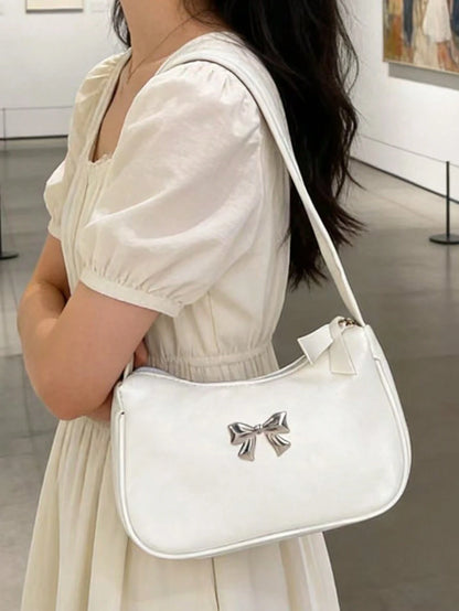 Solid Color Mini Underarm Shoulder Bag, PU Leather Small Bag, Minimalist Casual Versatile Handbag, Fashion Metal Butterfly Large Capacity Zipper Baguette Bag, Coin Purse, Phone Bag For Shopping, Datin