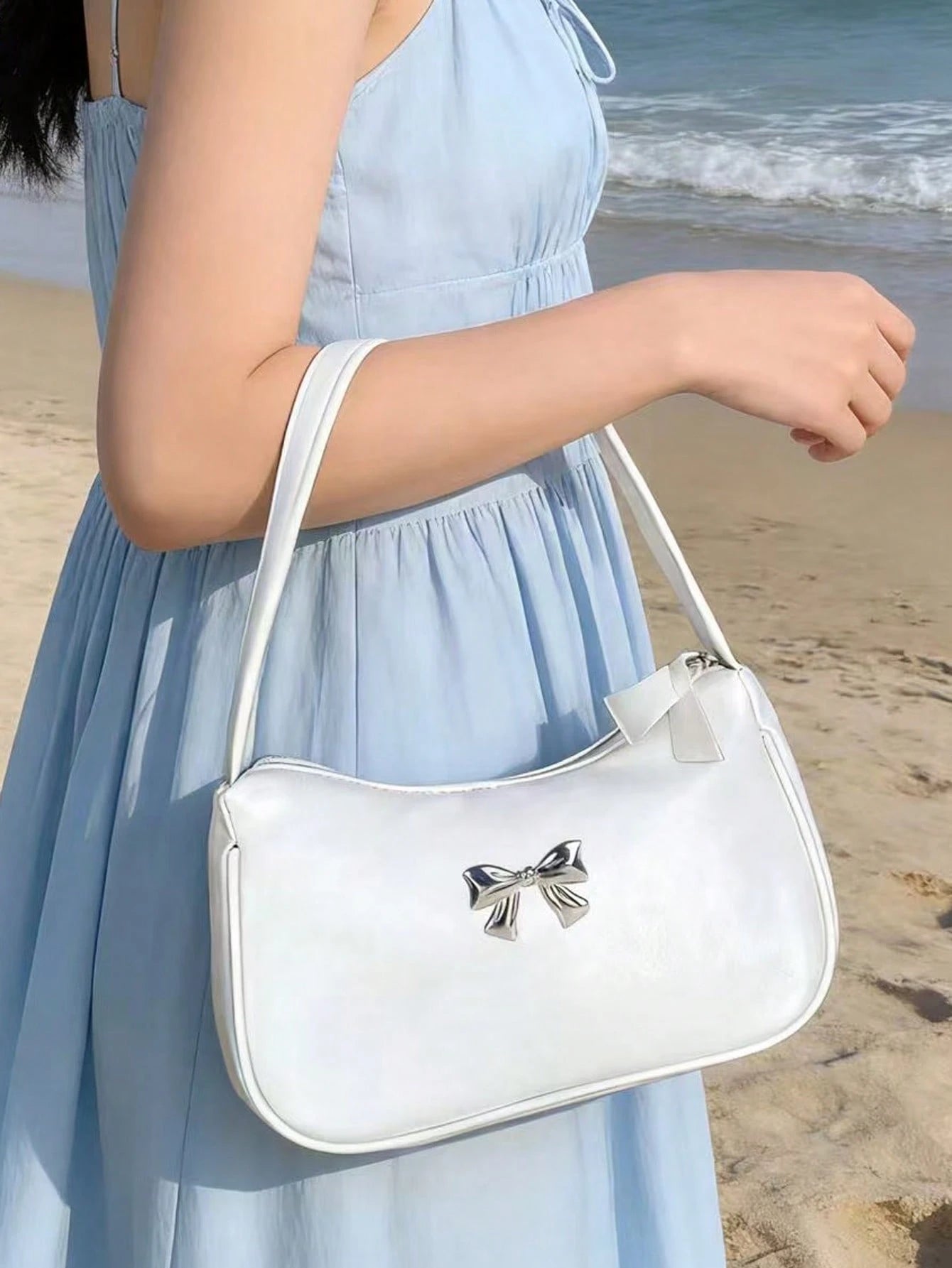 Solid Color Mini Underarm Shoulder Bag, PU Leather Small Bag, Minimalist Casual Versatile Handbag, Fashion Metal Butterfly Large Capacity Zipper Baguette Bag, Coin Purse, Phone Bag For Shopping, Datin