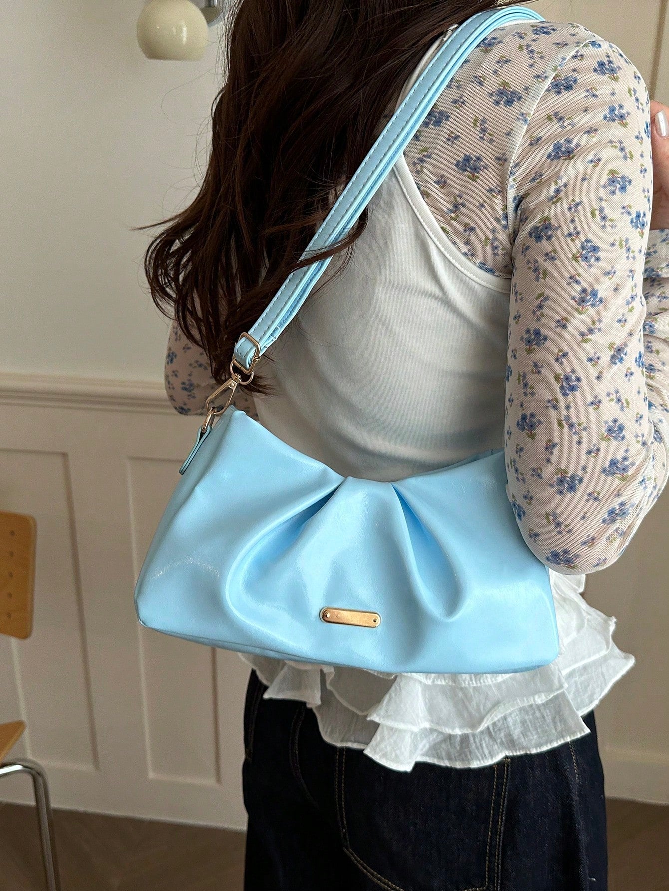 Solid Color Pleated Underarm Bag Soft PU Handbag Adjustable Shoulder Strap Daily Date Crossbody Shoulder Bag