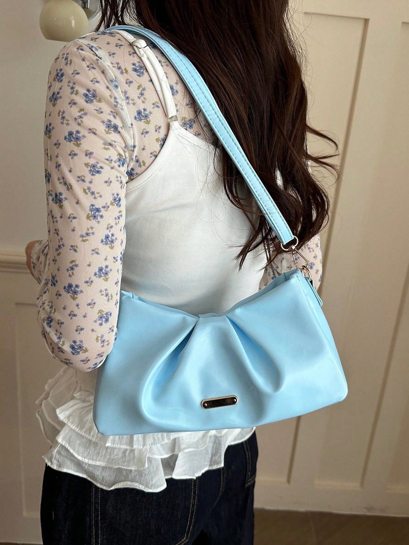 Solid Color Pleated Underarm Bag Soft PU Handbag Adjustable Shoulder Strap Daily Date Crossbody Shoulder Bag