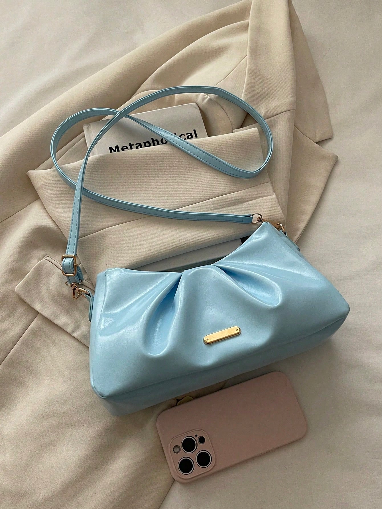 Solid Color Pleated Underarm Bag Soft PU Handbag Adjustable Shoulder Strap Daily Date Crossbody Shoulder Bag
