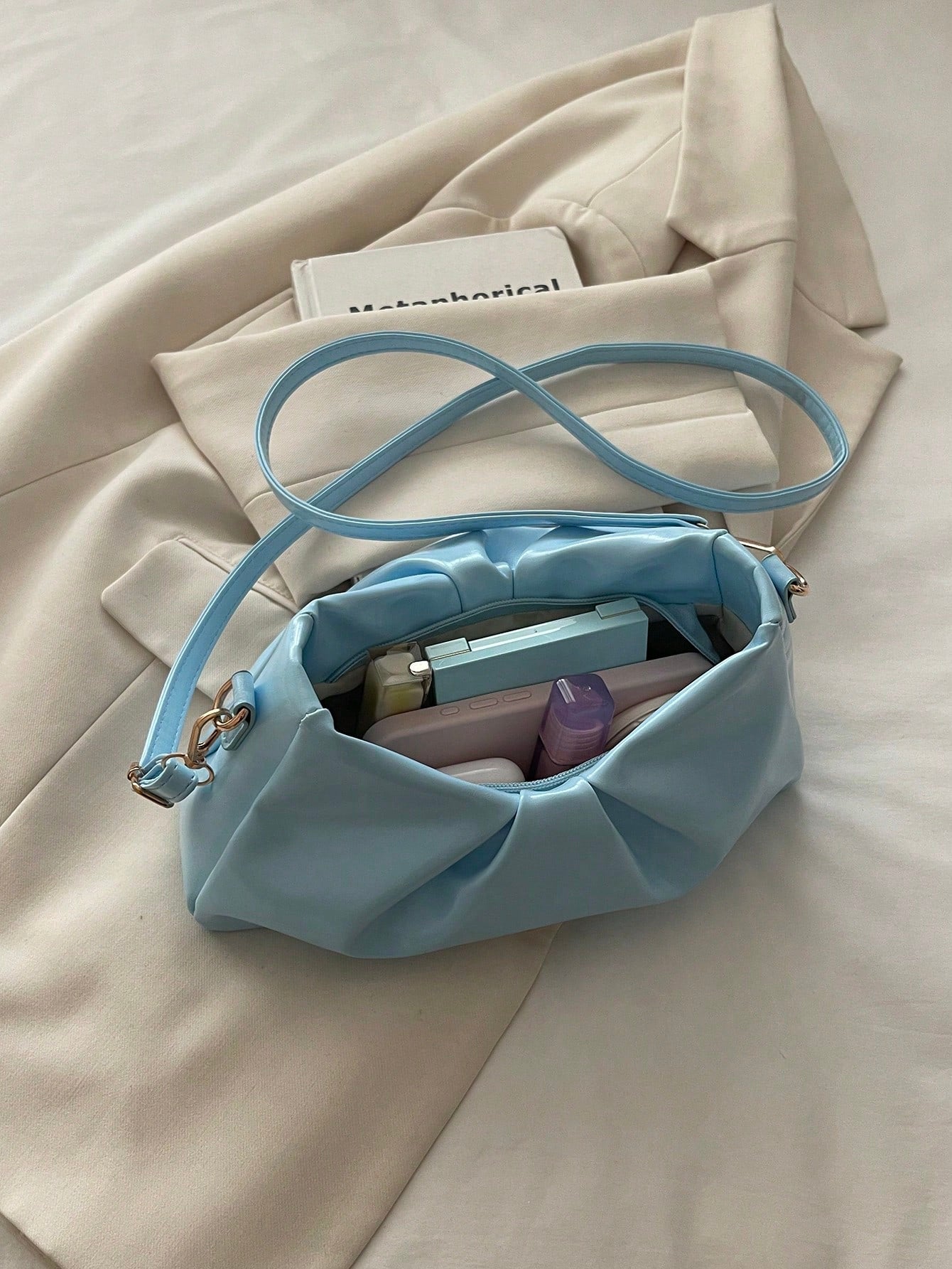 Solid Color Pleated Underarm Bag Soft PU Handbag Adjustable Shoulder Strap Daily Date Crossbody Shoulder Bag