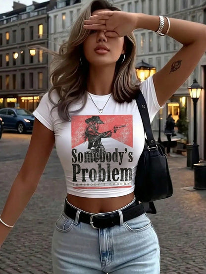 "Someone's Problem" Rodeo T-Shirt – Y2K T-Shirt| Slim Fit Women's Crew Neck Short Sleeve Top| A Must-Have For Female Cowgirls And Rodeo Enthusiasts.