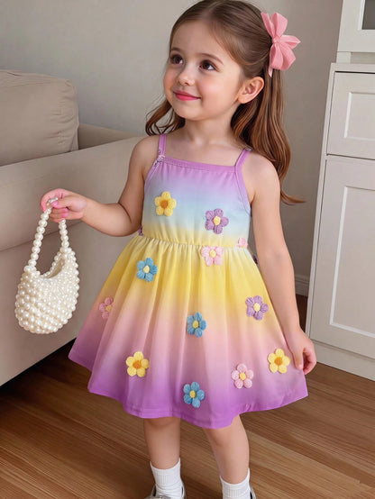 Souflis Souflis 1pc Baby Girls' Cute Colorful Gradient Floral Print Knit Comfortable Sleeveless Dress, Summer Outfit