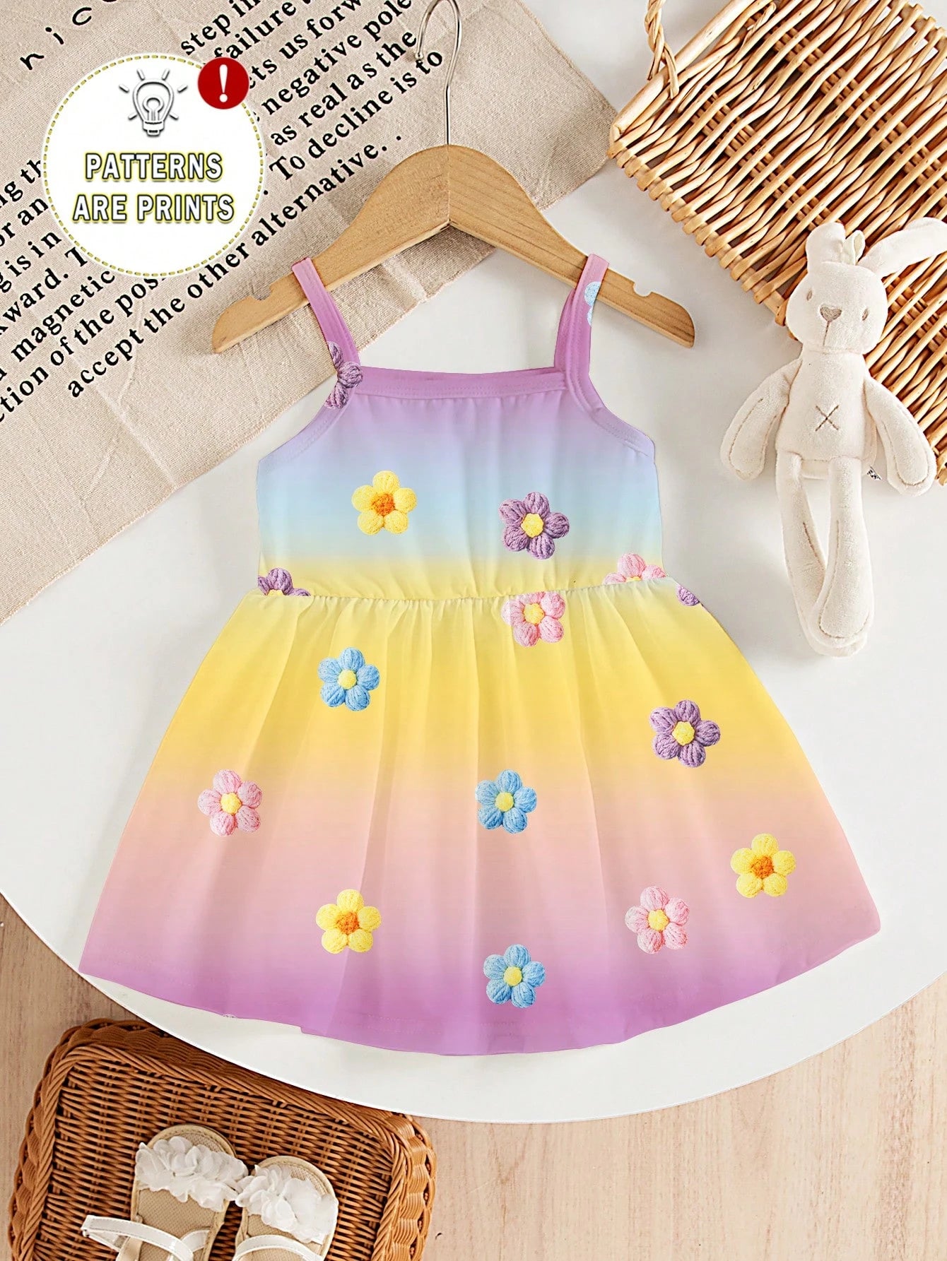 Souflis Souflis 1pc Baby Girls' Cute Colorful Gradient Floral Print Knit Comfortable Sleeveless Dress, Summer Outfit