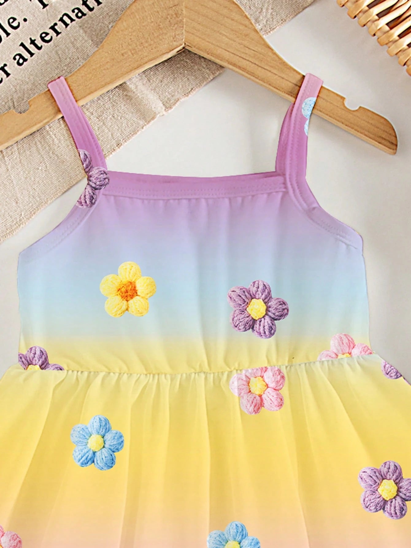 Souflis Souflis 1pc Baby Girls' Cute Colorful Gradient Floral Print Knit Comfortable Sleeveless Dress, Summer Outfit