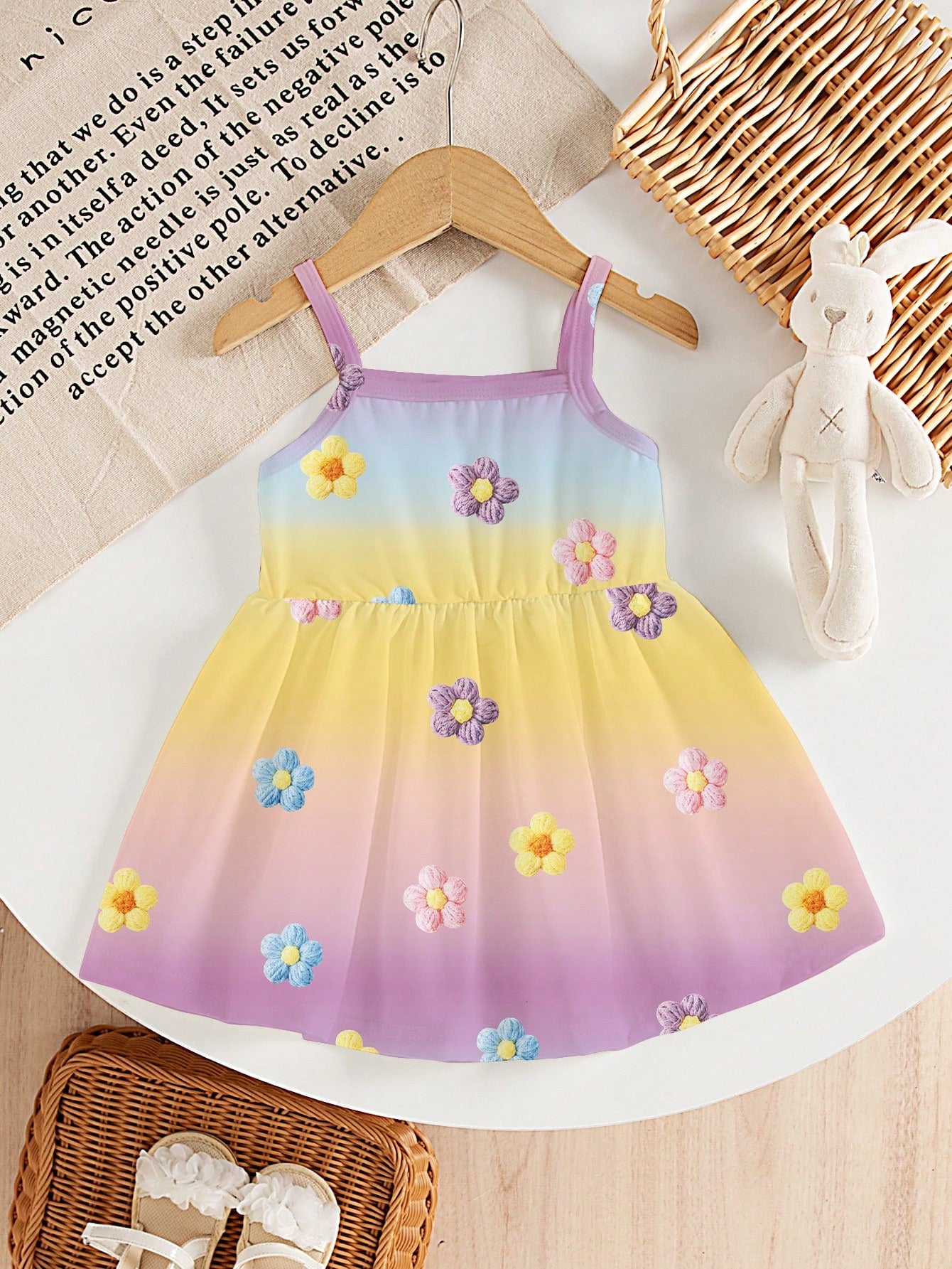 Souflis Souflis 1pc Baby Girls' Cute Colorful Gradient Floral Print Knit Comfortable Sleeveless Dress, Summer Outfit