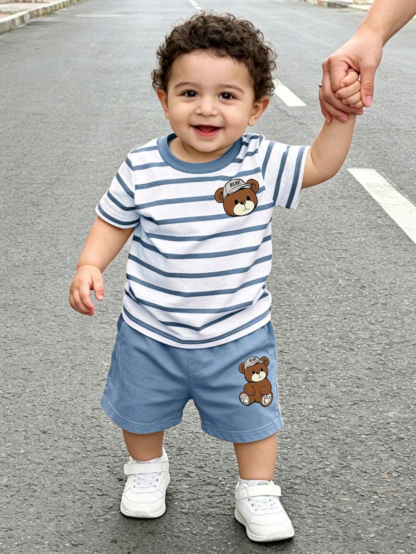 Souflis Souflis 2pcs/Set Baby Boy Blue White Stripe Short Sleeve Top And Shorts Outfit,Summer Casual Cute Beach Lemon Print Soft Stylish Photography Gifts Outfit