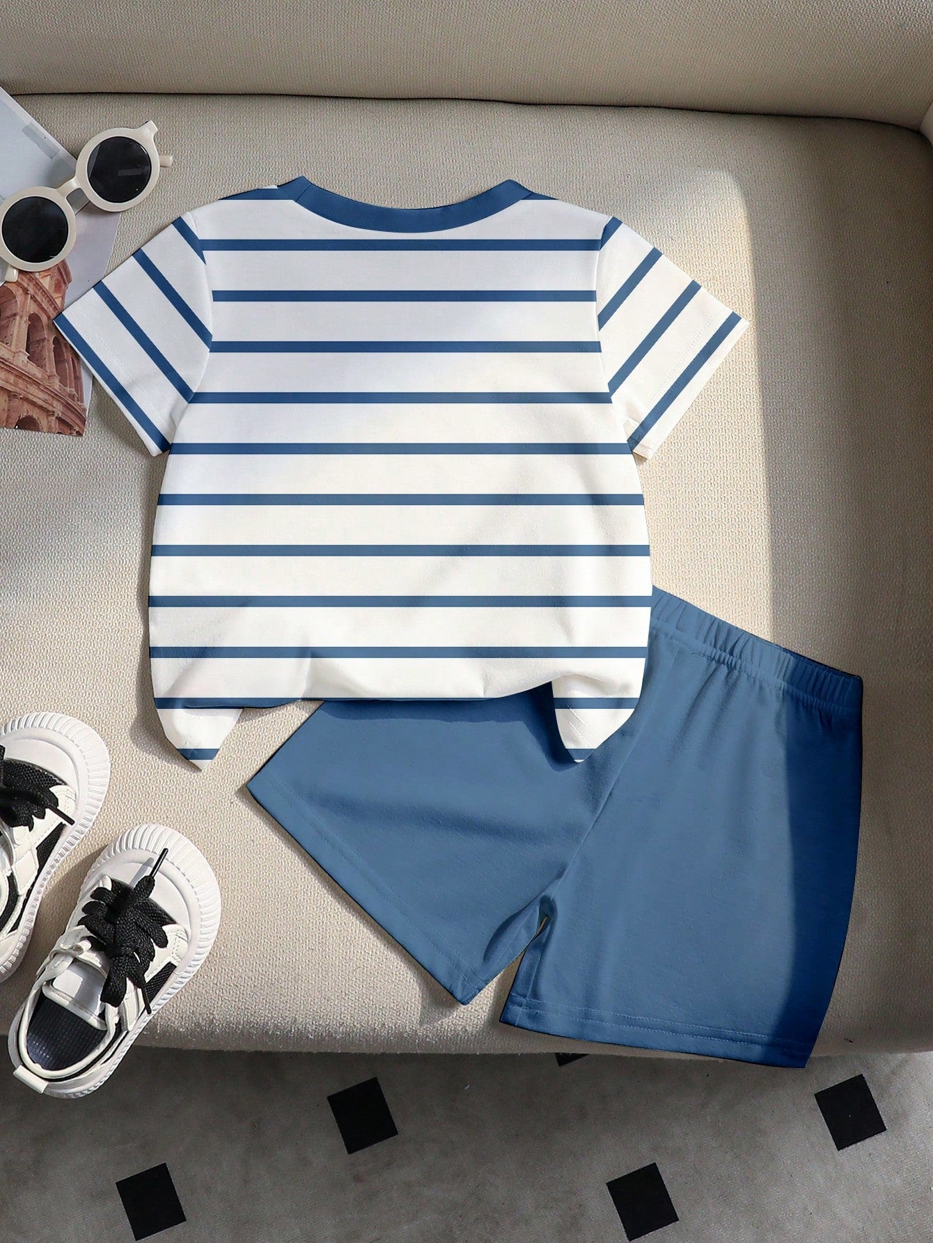 Souflis Souflis 2pcs/Set Baby Boy Blue White Stripe Short Sleeve Top And Shorts Outfit,Summer Casual Cute Beach Lemon Print Soft Stylish Photography Gifts Outfit