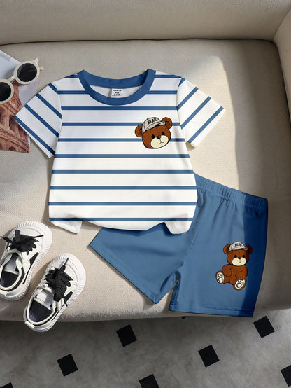Souflis Souflis 2pcs/Set Baby Boy Blue White Stripe Short Sleeve Top And Shorts Outfit,Summer Casual Cute Beach Lemon Print Soft Stylish Photography Gifts Outfit