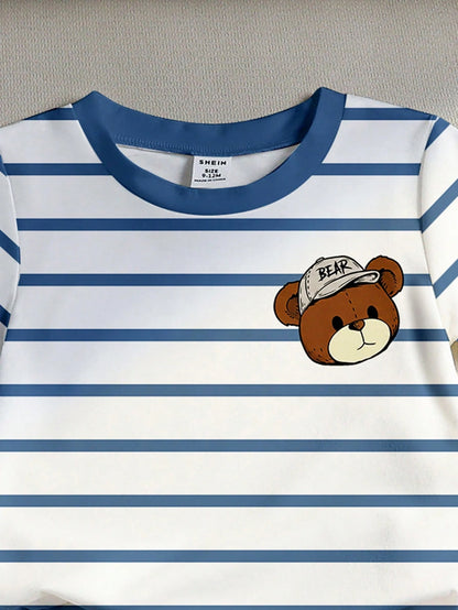 Souflis Souflis 2pcs/Set Baby Boy Blue White Stripe Short Sleeve Top And Shorts Outfit,Summer Casual Cute Beach Lemon Print Soft Stylish Photography Gifts Outfit