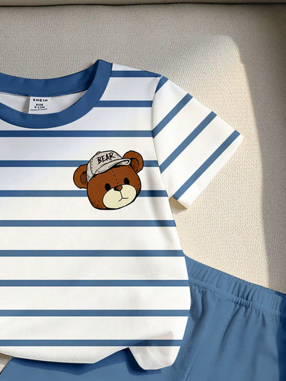 Souflis Souflis 2pcs/Set Baby Boy Blue White Stripe Short Sleeve Top And Shorts Outfit,Summer Casual Cute Beach Lemon Print Soft Stylish Photography Gifts Outfit