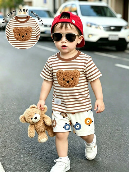 Souflis Souflis 2pcs/Set Baby Boy Blue White Stripe Short Sleeve Top And Shorts Outfit,Summer Casual Cute Beach Lemon Print Soft Stylish Photography Gifts Outfit