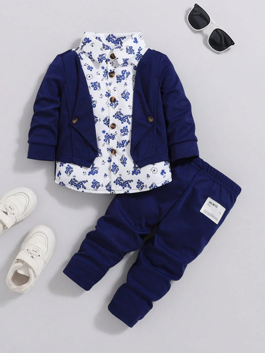 Souflis Souflis 2pcs Set Baby Boys Fashion Floral Print Casual 2 In 1 Shirt Jacket And Pants Suit, Suitable For Spring Autumn